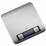 Digitale Küchenwaage in Silber aus der Vogelperspektive mit zwei Tasten und einem Display.