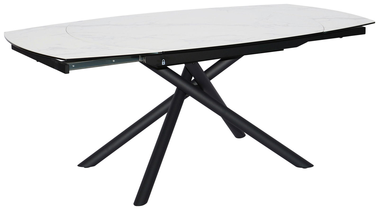 Moderner Esstisch mit weißer Marmoroptik-Tischplatte und schwarzem, gekreuztem Metallgestell, seitliche Perspektive