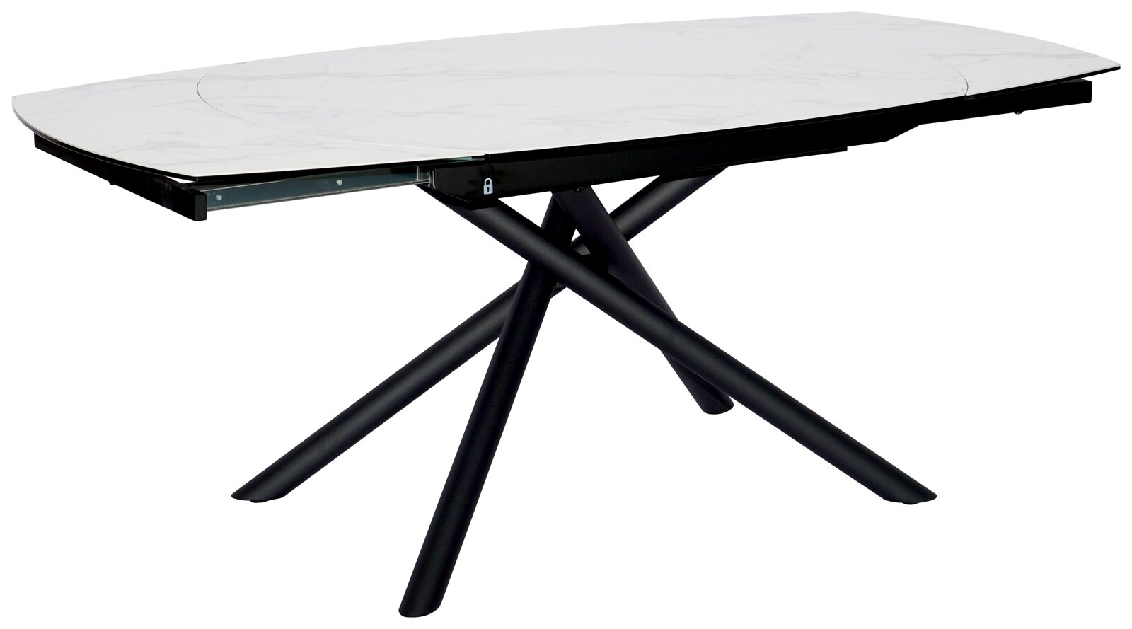 Moderner Esstisch mit weißer Marmoroptik-Tischplatte und schwarzem, gekreuztem Metallgestell, seitliche Perspektive