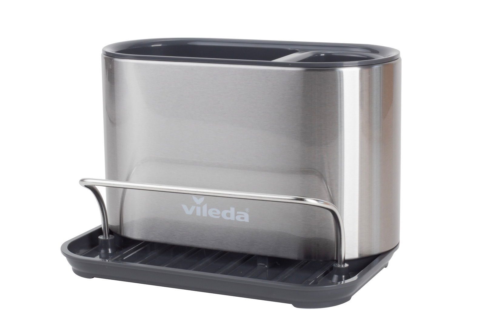 Vileda Spülbeckenorganizer Spülbeckenorganizer aus Edelstahl mit zwei Fächern und Abtropfschale, seitliche Perspektive