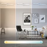 Moderne LED Deckenleuchte in aluchrom mit einstellbarer Farbtemperatur, von unten betrachtet in einem stilvollen Wohnzimmer.