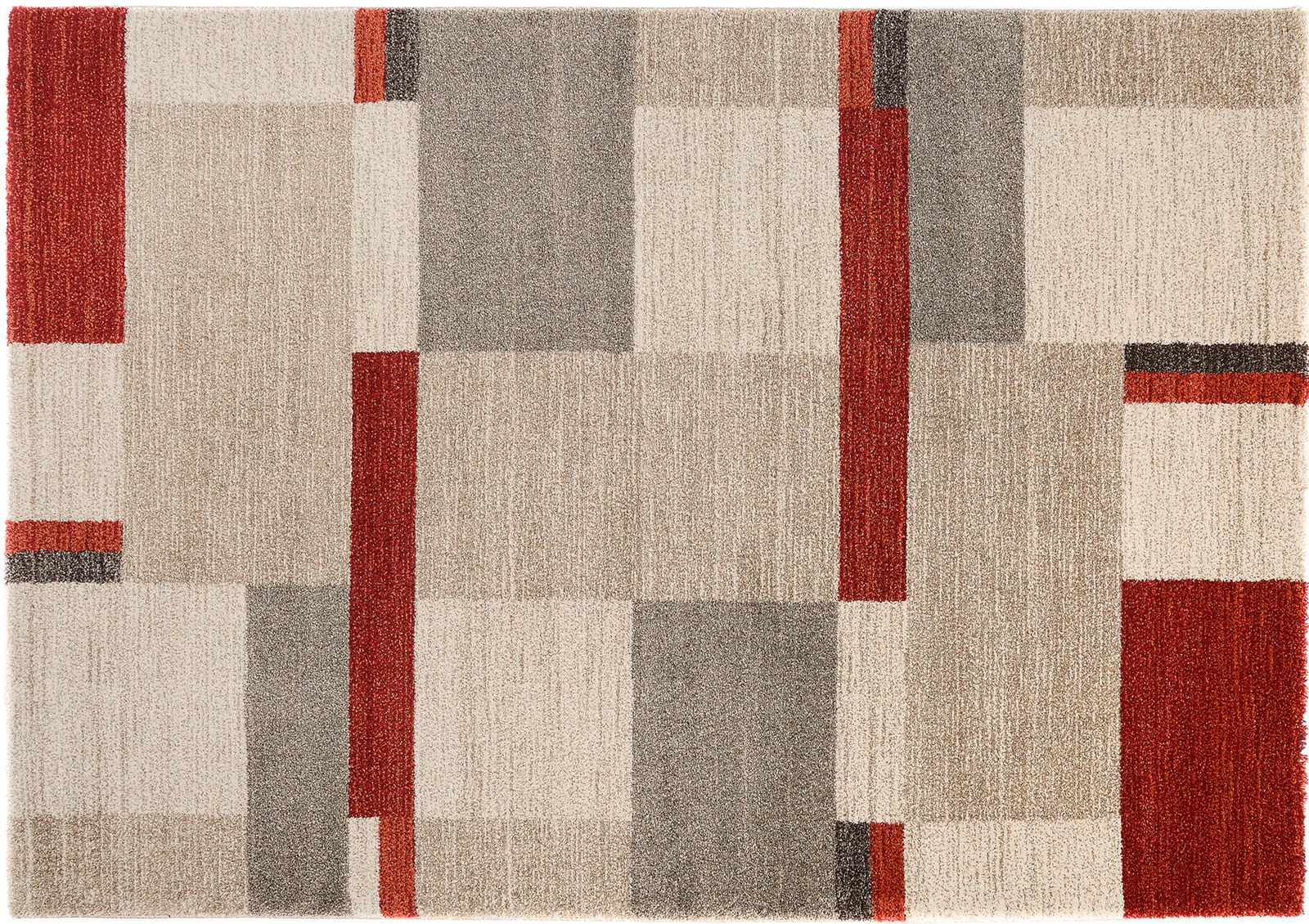Moderner Teppich mit geometrischem Muster in Beige, Grau und Rot, Draufsicht
