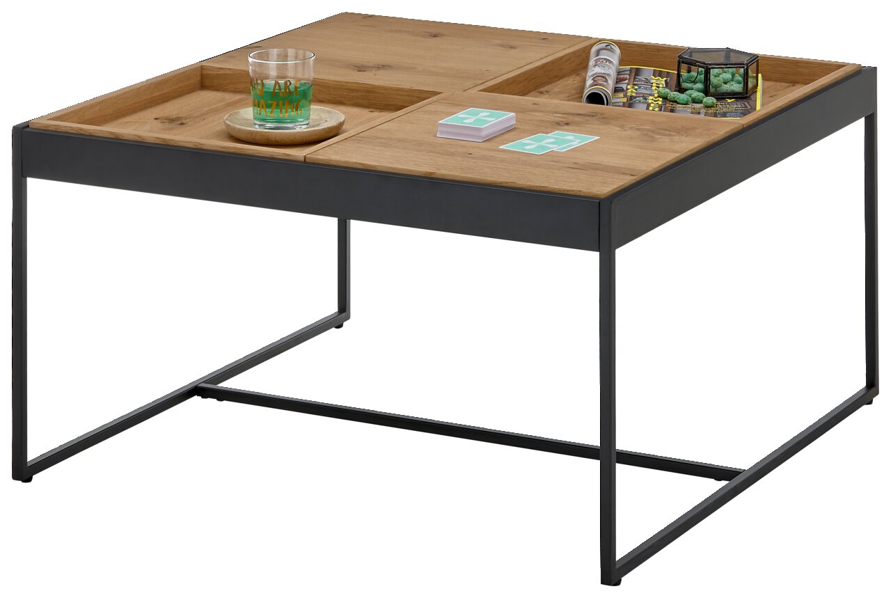 Moderner Couchtisch mit Holzplatte und schwarzem Metallgestell, seitliche Perspektive.