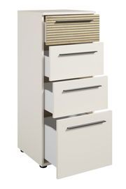 Aktenschrank mit vier Schubladen, davon eine mit Holzoptik, aus seitlicher Perspektive.