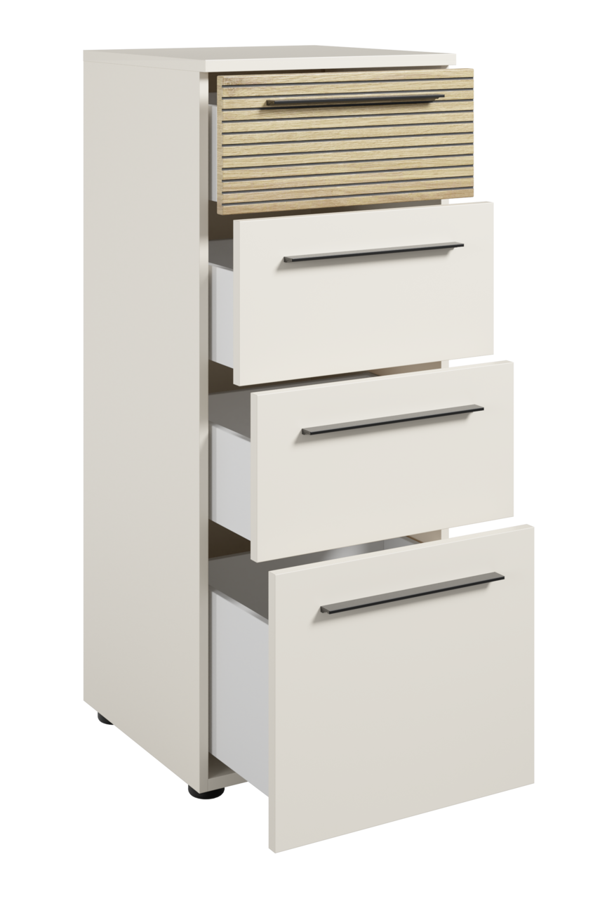 Aktenschrank mit vier Schubladen, davon eine mit Holzoptik, aus seitlicher Perspektive.