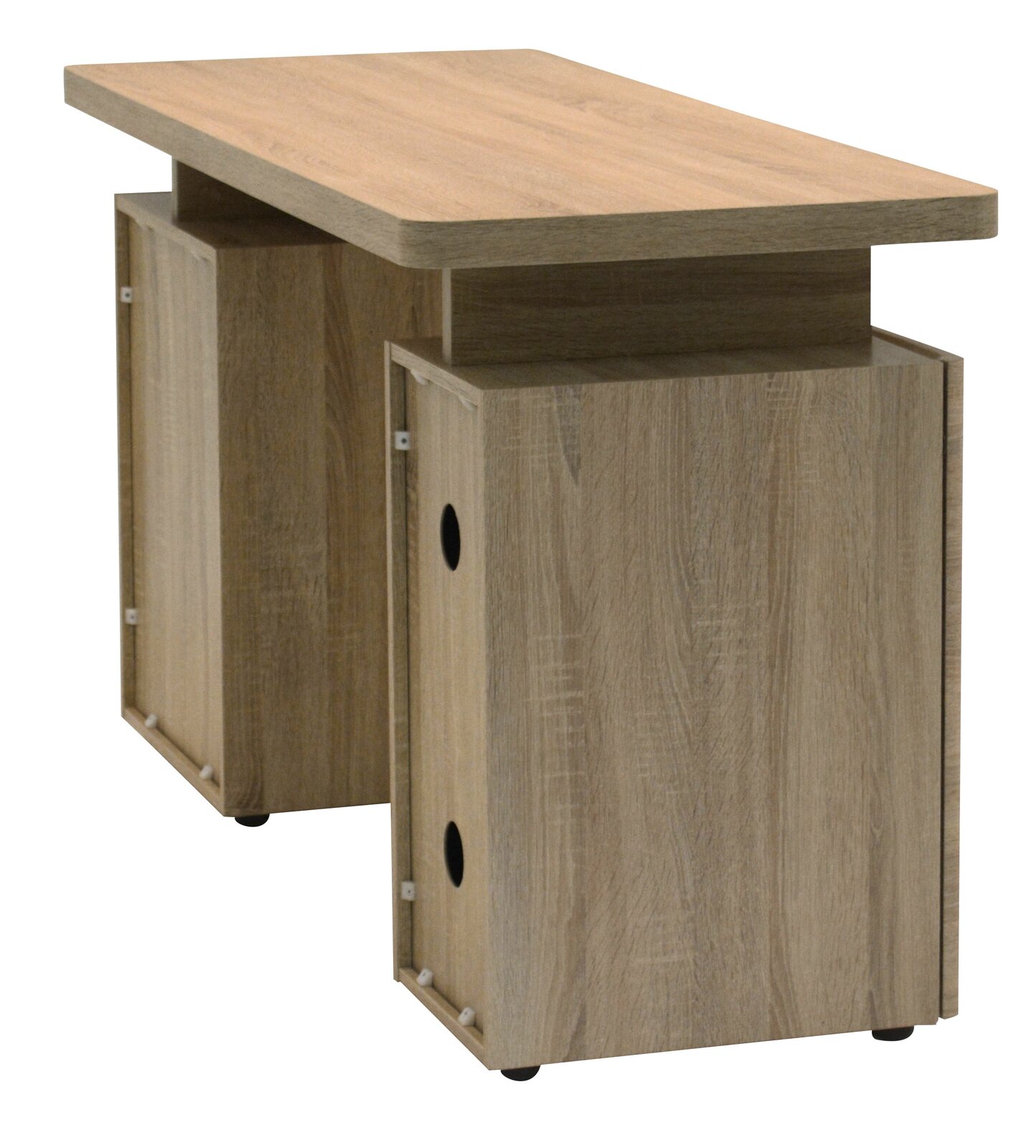 Moderner Schreibtisch aus Holz in seitlicher Perspektive