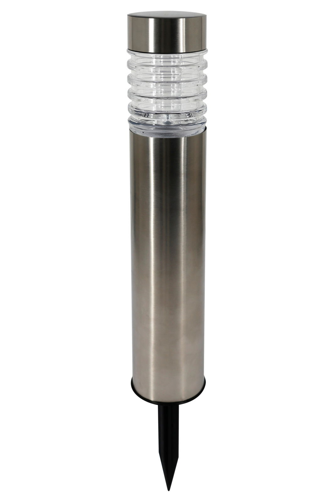 Solarleuchte aus Edelstahl mit transparentem Lampenschirm, seitliche Ansicht