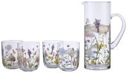 Gläserset mit floralen Mustern, bestehend aus einem Krug und vier Gläsern, seitliche Perspektive