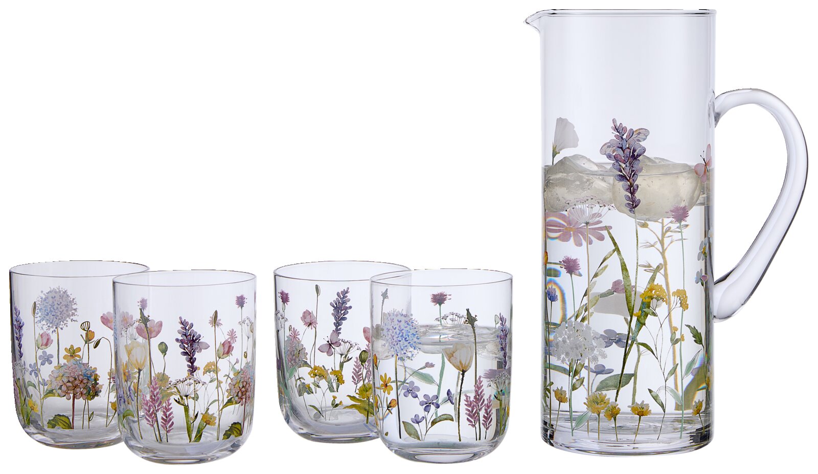 Gläserset mit floralen Mustern, bestehend aus einem Krug und vier Gläsern, seitliche Perspektive