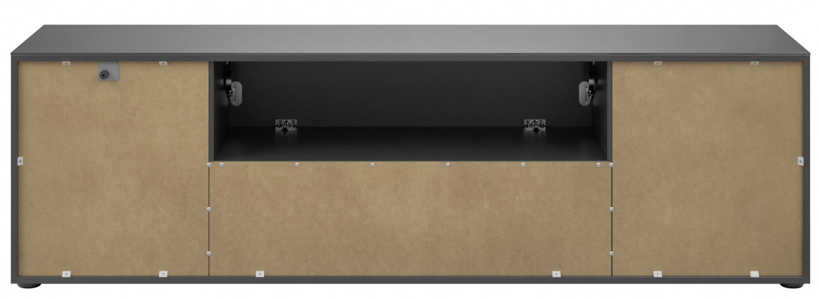 TV-Lowboard in Frontansicht mit zwei seitlichen Türen und einem offenen Fach in der Mitte, modernes Design in Schwarz und Holzoptik.