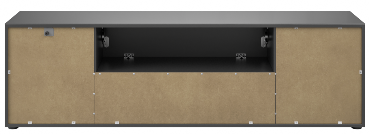 TV-Lowboard in Frontansicht mit zwei seitlichen Türen und einem offenen Fach in der Mitte, modernes Design in Schwarz und Holzoptik.