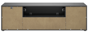 TV-Lowboard in Frontansicht mit zwei seitlichen Türen und einem offenen Fach in der Mitte, modernes Design in Schwarz und Holzoptik.