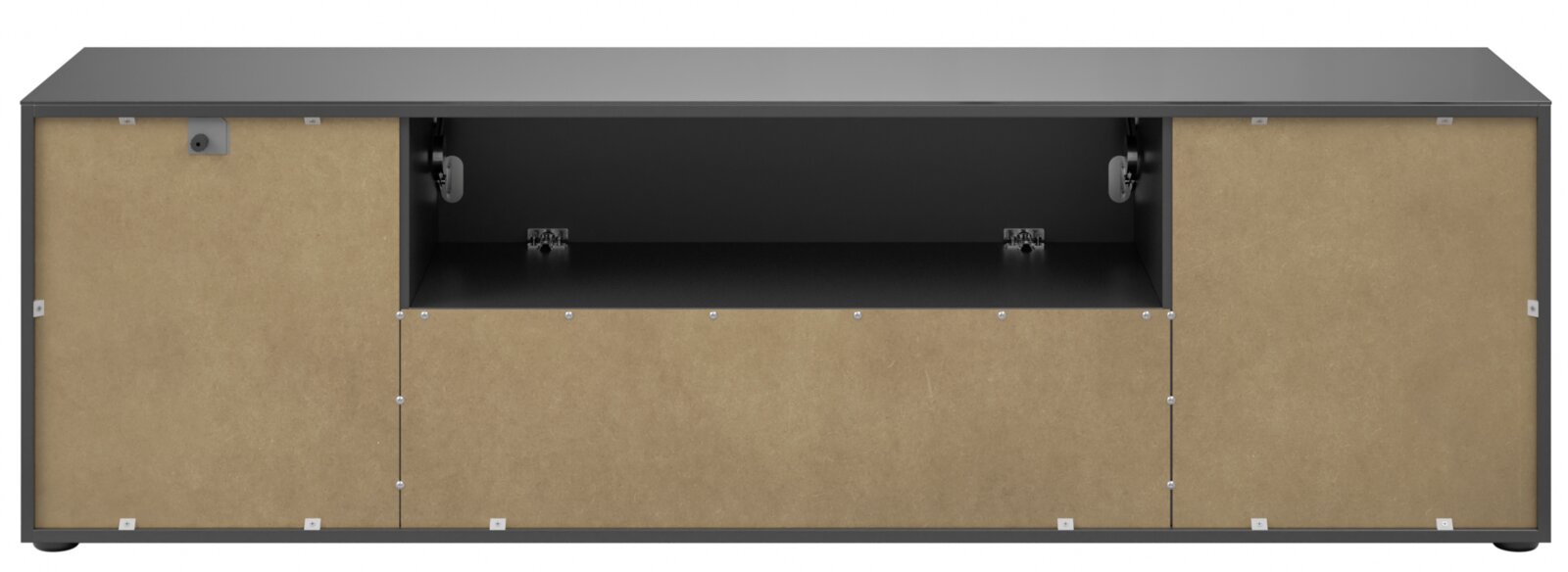 TV-Lowboard in Frontansicht mit zwei seitlichen Türen und einem offenen Fach in der Mitte, modernes Design in Schwarz und Holzoptik.