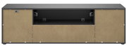 TV-Lowboard in Frontansicht mit zwei seitlichen Türen und einem offenen Fach in der Mitte, modernes Design in Schwarz und Holzoptik.