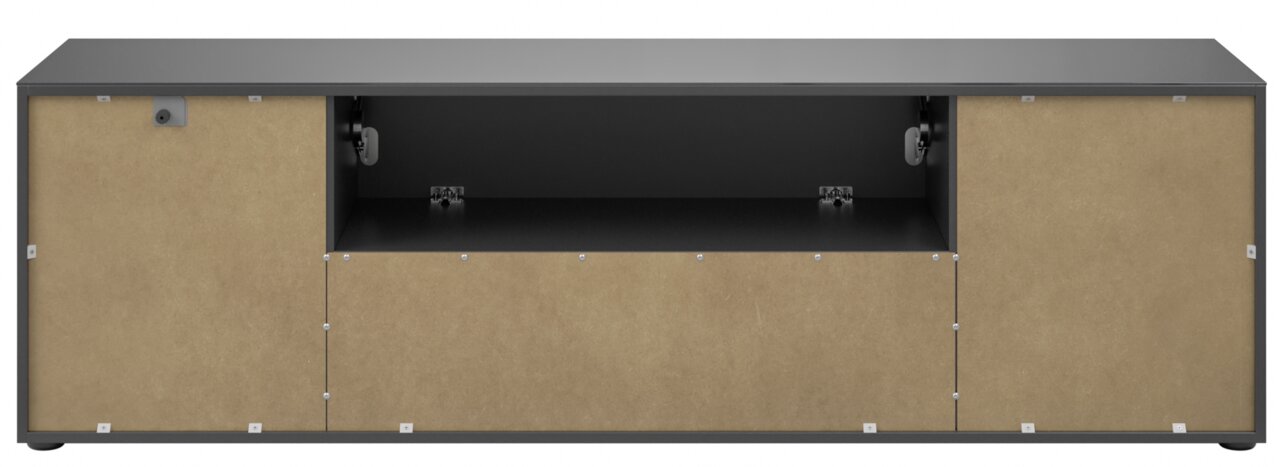 TV-Lowboard in Frontansicht mit zwei seitlichen Türen und einem offenen Fach in der Mitte, modernes Design in Schwarz und Holzoptik.