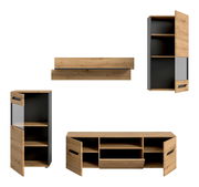 Moderne Wohnwand-Möbelset in Eiche-Optik mit anthrazitfarbenem Korpus, bestehend aus Highboard, TV-Lowboard und Wandboard; Türen und Klappe geöffnet, Frontansicht leicht schräg von vorn.