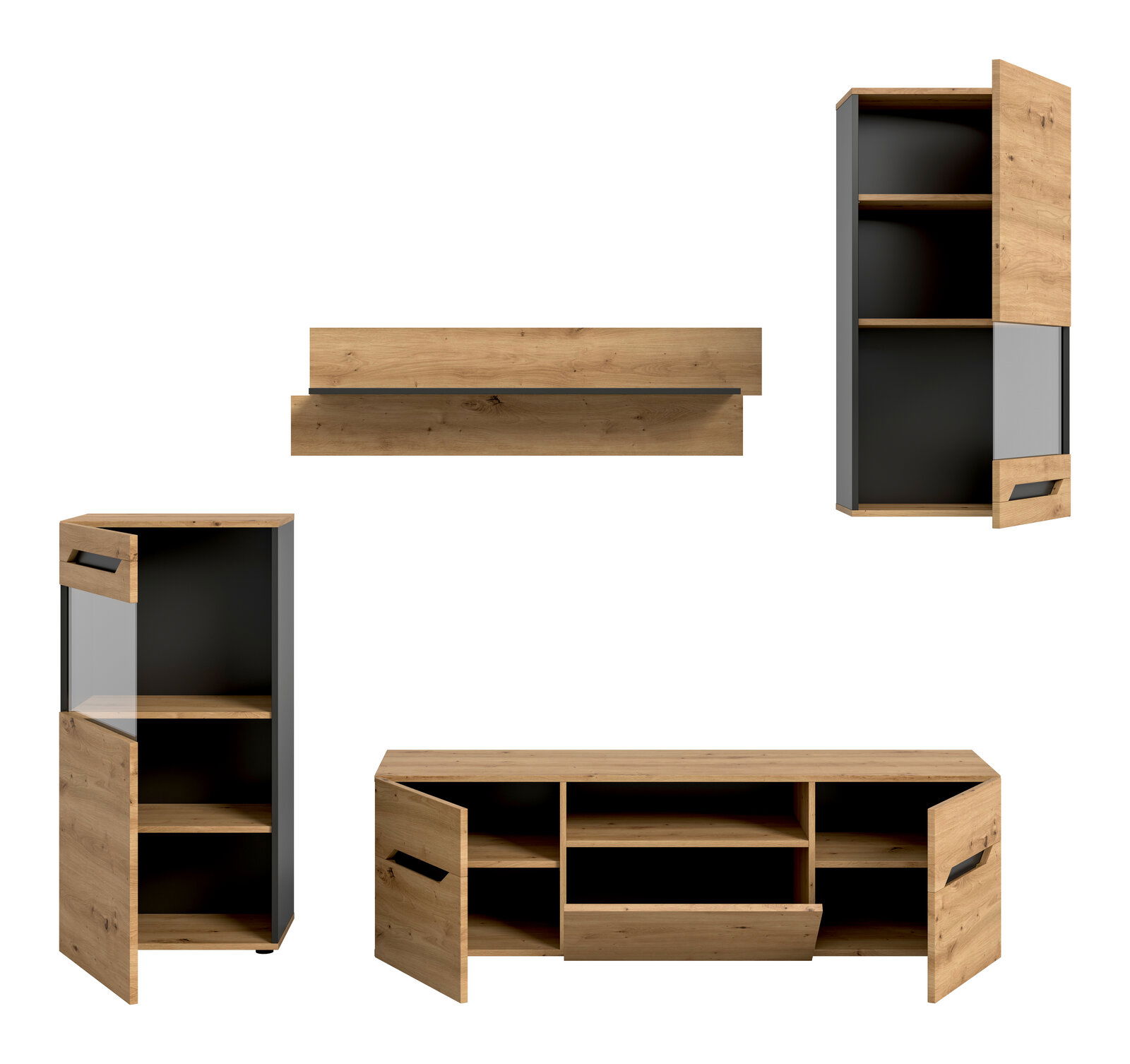 Moderne Wohnwand-Möbelset in Eiche-Optik mit anthrazitfarbenem Korpus, bestehend aus Highboard, TV-Lowboard und Wandboard; Türen und Klappe geöffnet, Frontansicht leicht schräg von vorn.