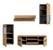 Moderne Wohnwand-Möbelset in Eiche-Optik mit anthrazitfarbenem Korpus, bestehend aus Highboard, TV-Lowboard und Wandboard; Türen und Klappe geöffnet, Frontansicht leicht schräg von vorn.