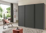 Dreitüriger Schwebetürenschrank in dunklem Design, frontal fotografiert in einem modernen Wohnzimmer mit großen Fenstern und stilvoller Dekoration.