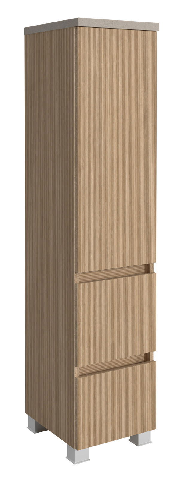 Midischrank 30 cm in Holzoptik mit drei Schubladen, seitliche Perspektive