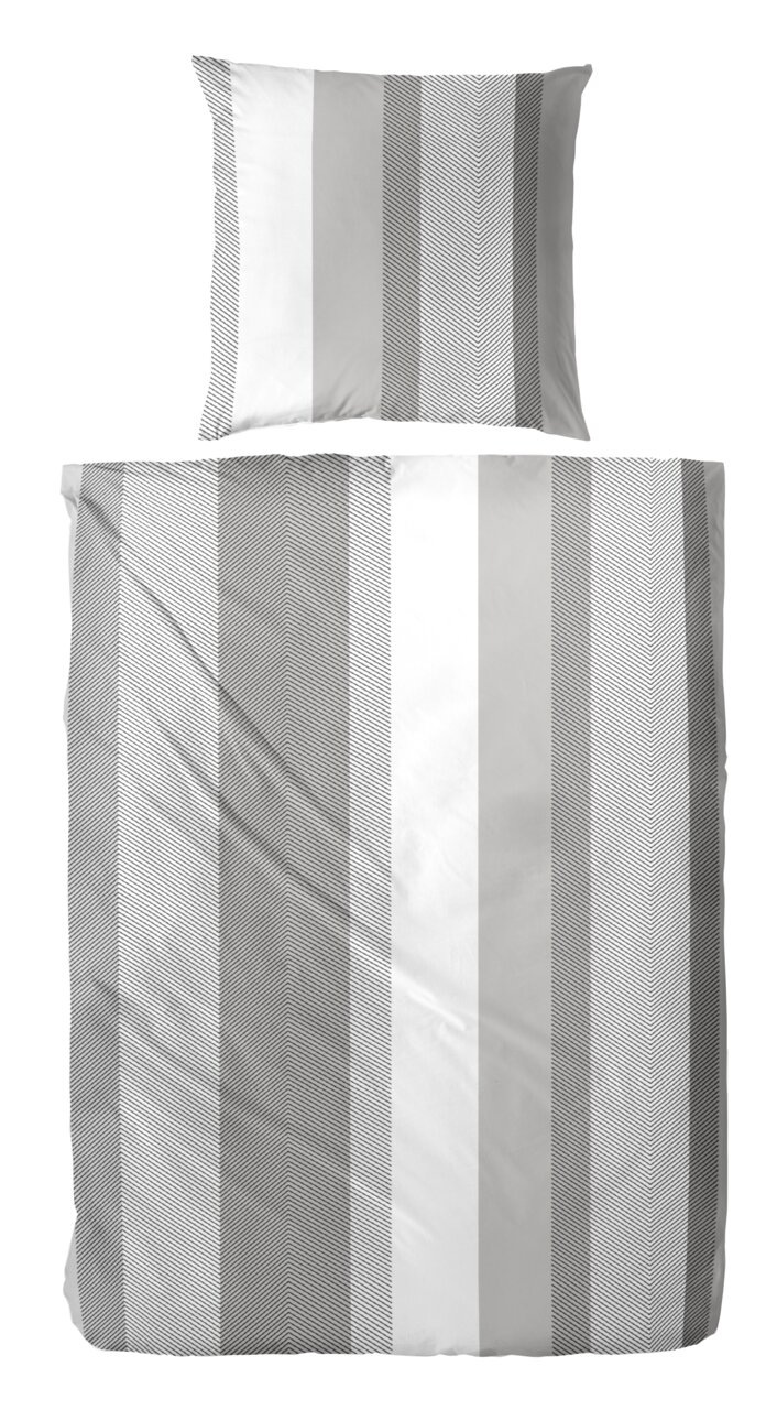 Primera Bettwäsche SATIN Bettwäsche-Set mit Kissen- und Deckenbezug in Grau-Weiß mit vertikalen Streifen und feinem Zickzackmuster, Draufsicht