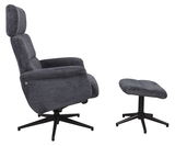 Grauer Relaxsessel mit Hocker, seitliche Perspektive