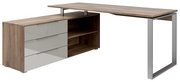 Moderner Eckschreibtisch aus Holz mit Metallgestell, Schubladen und Regalfächern, seitliche Perspektive