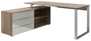 Moderner Eckschreibtisch aus Holz mit Metallgestell, Schubladen und Regalfächern, seitliche Perspektive