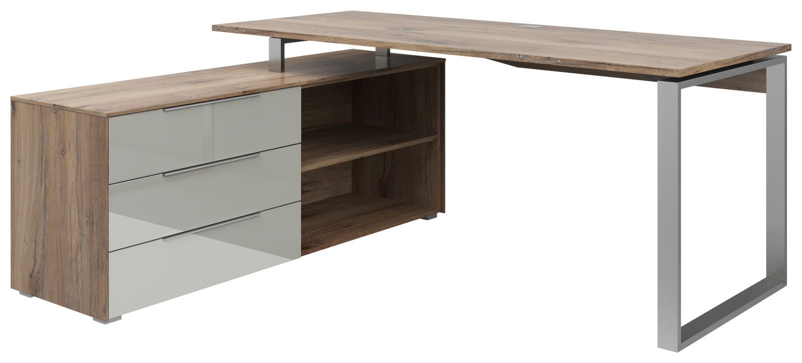 Moderner Eckschreibtisch aus Holz mit Metallgestell, Schubladen und Regalfächern, seitliche Perspektive