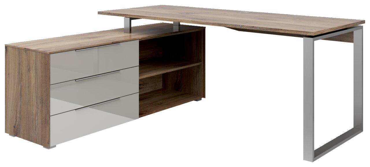 Moderner Eckschreibtisch aus Holz mit Metallgestell, Schubladen und Regalfächern, seitliche Perspektive