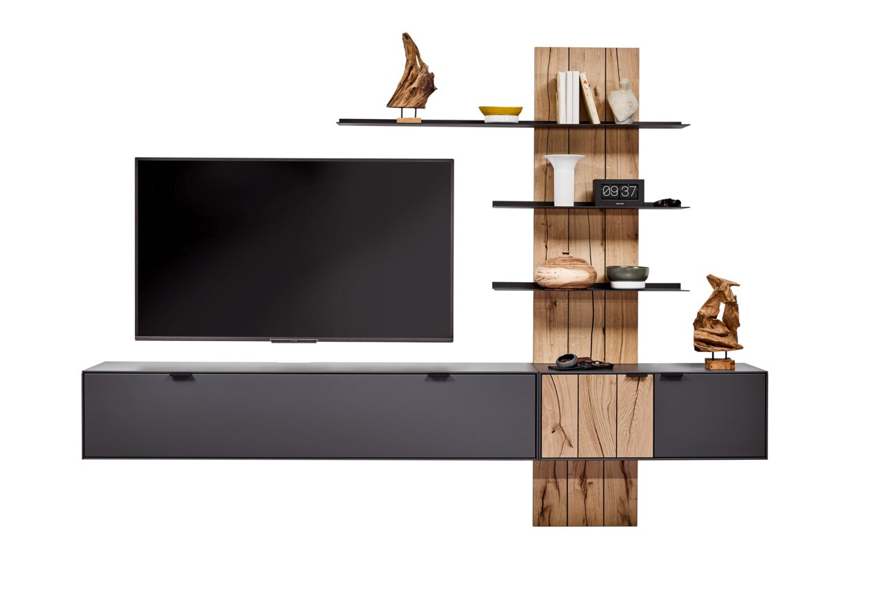 Moderne Wandkombination mit TV, Regalen und Schränken in Holz- und Schwarztönen, frontal betrachtet.