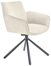 Moderner Armlehnstuhl mit cremefarbenem Cordbezug und schwarzem Metallgestell, seitliche Perspektive