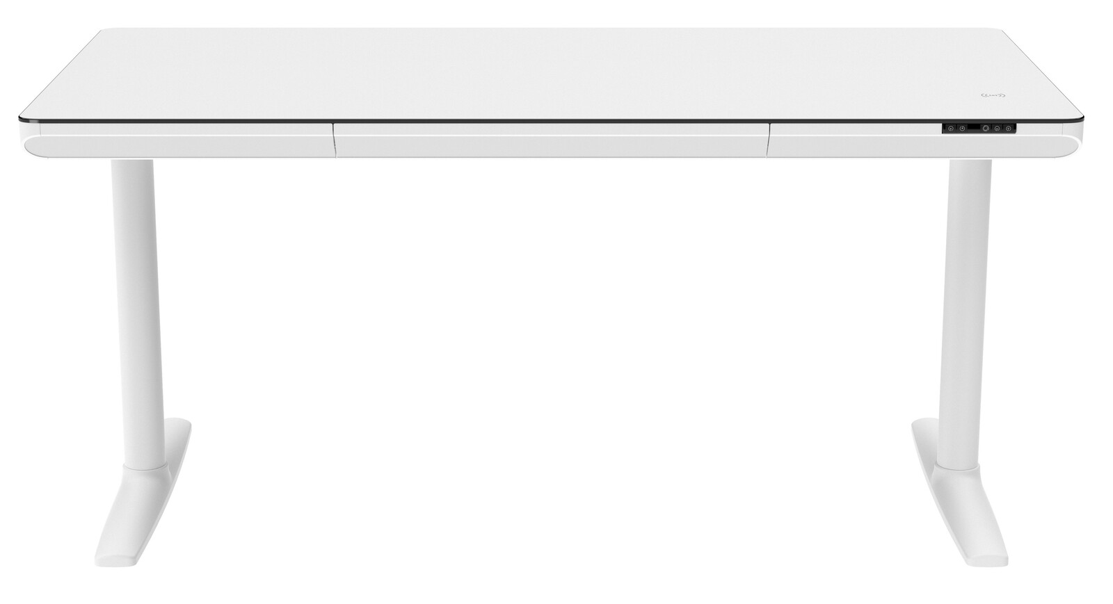 Moderner weißer E-Schreibtisch mit schlankem Design, frontal betrachtet.