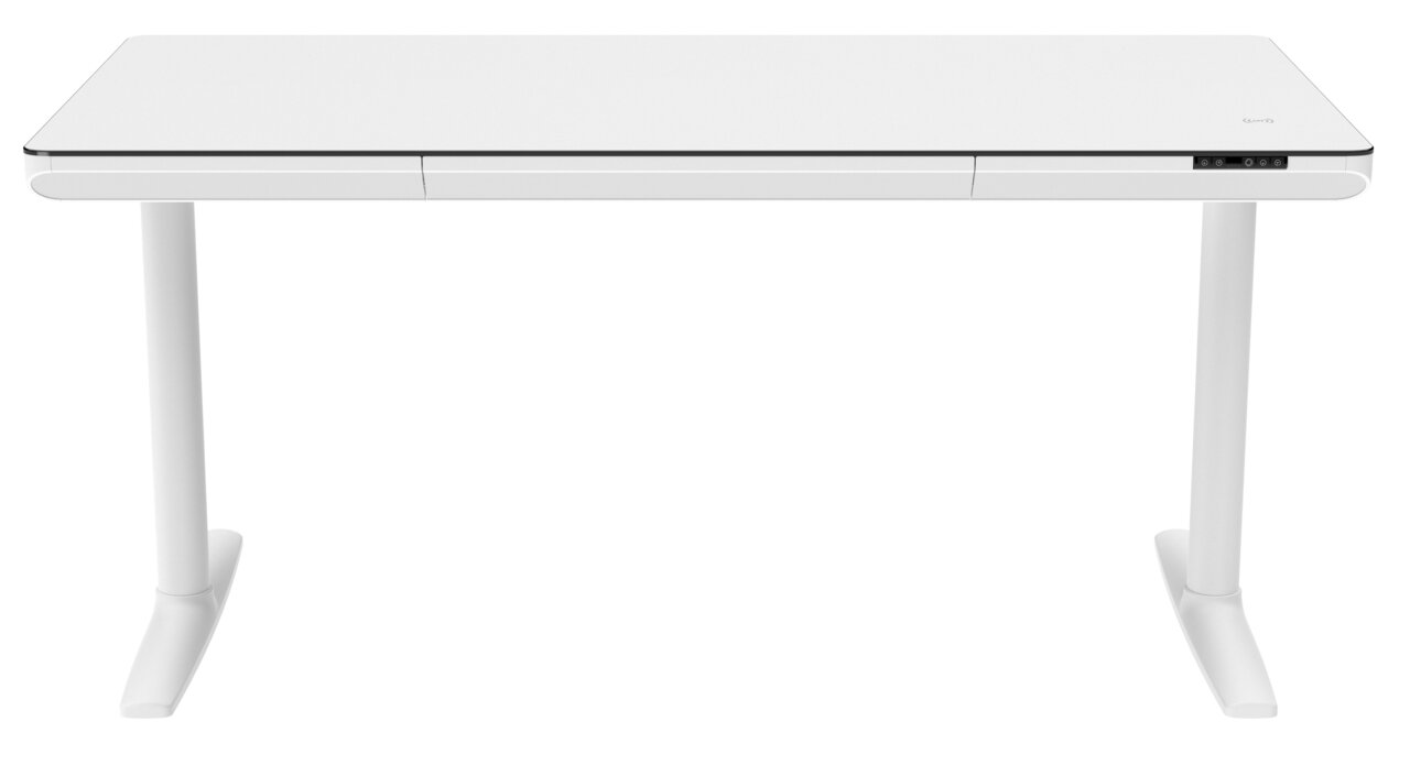 Moderner weißer E-Schreibtisch mit schlankem Design, frontal betrachtet.