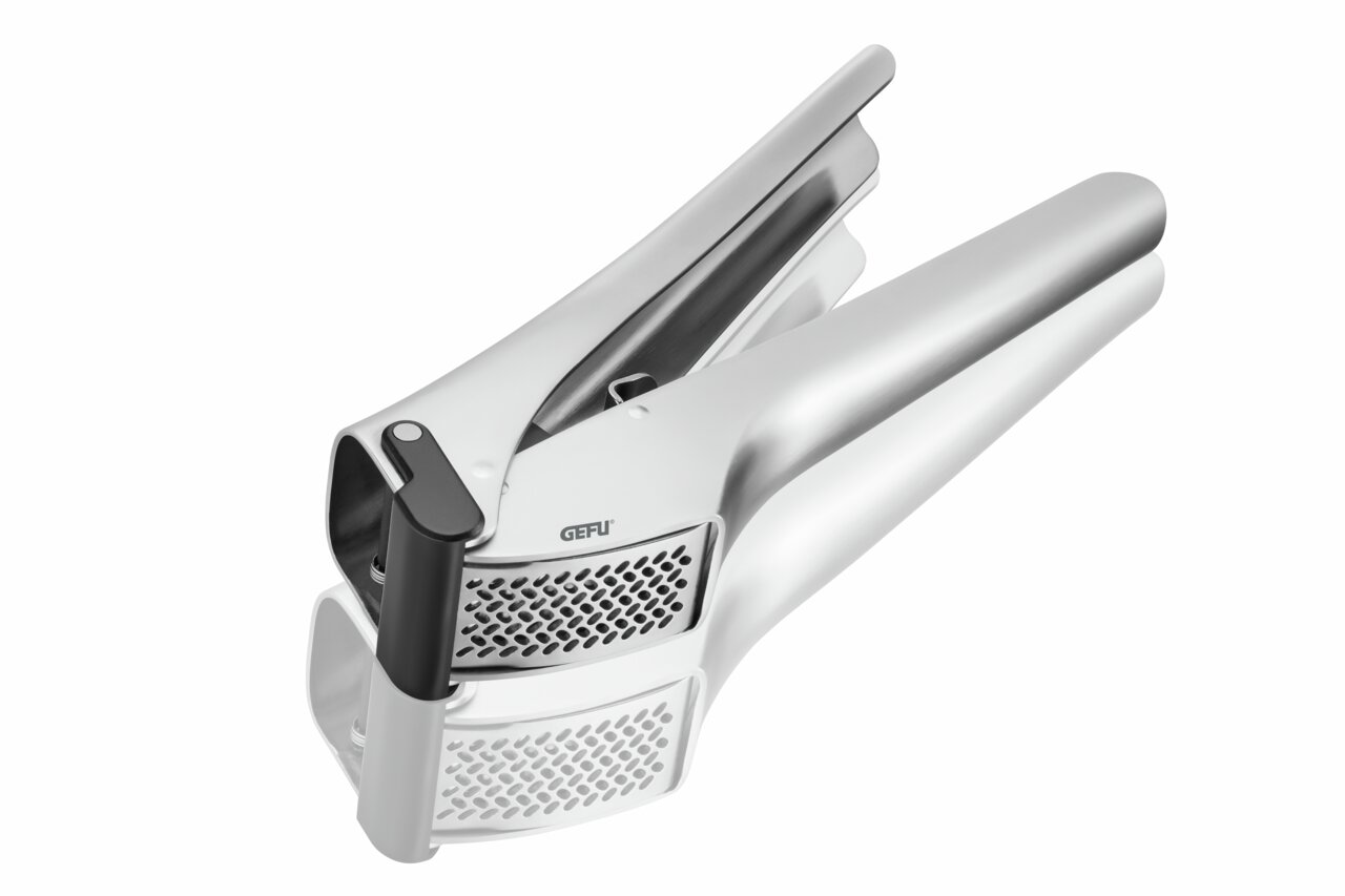 Silberne Knoblauchpresse GARLICO aus Edelstahl, seitliche Perspektive