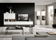 Moderne Wohnzimmerwandkombination in Weiß mit schwarzen Akzenten, bestehend aus Hängeschränken, einem TV-Board und Vitrinen. Perspektive: Frontalansicht.