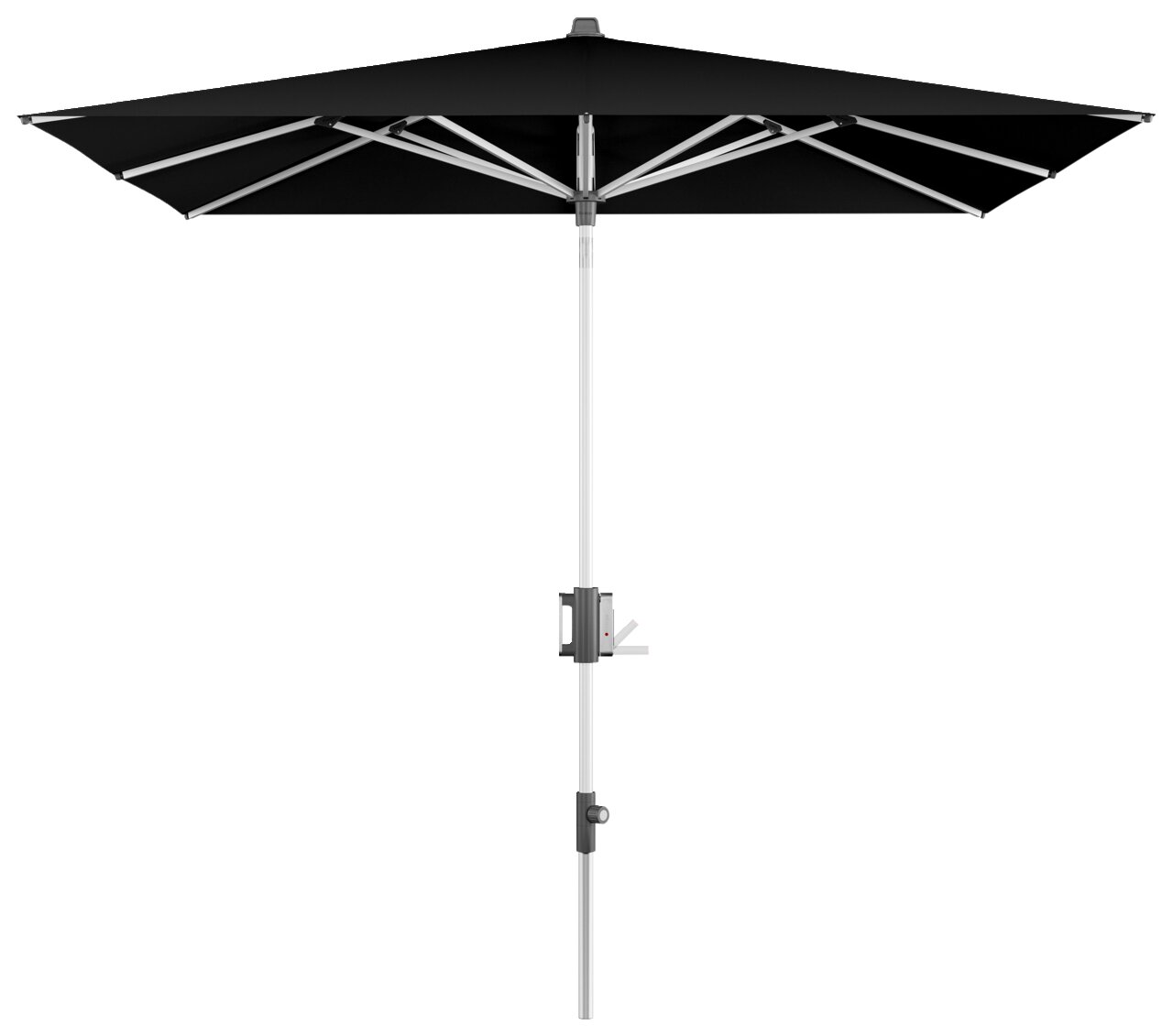 Zwarte parasol met slingermechanisme, 240 x 240 cm, zijaanzicht, met zilveren frame en slingermechanisme.