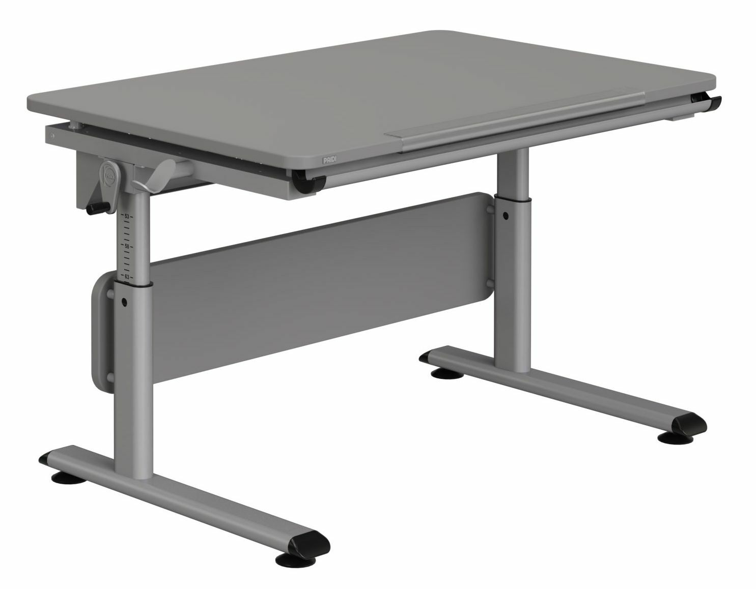 Moderner höhenverstellbarer Schreibtisch in grauer Farbe, seitliche Perspektive