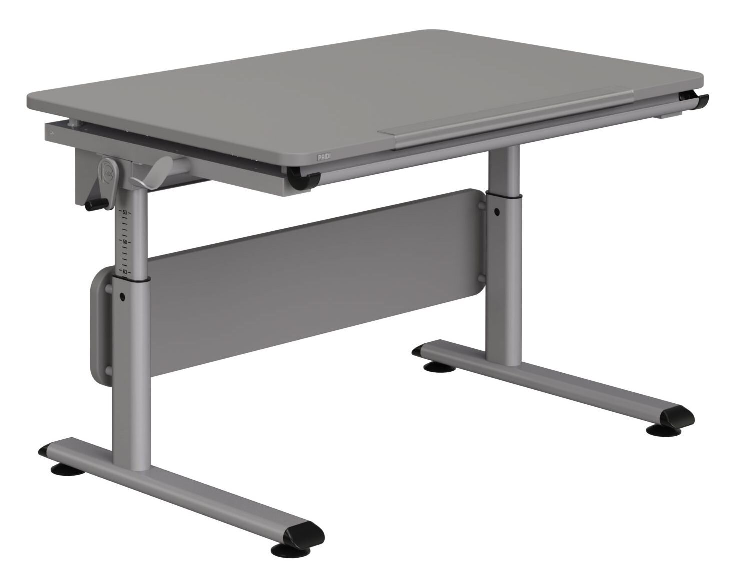 Moderner höhenverstellbarer Schreibtisch in grauer Farbe, seitliche Perspektive