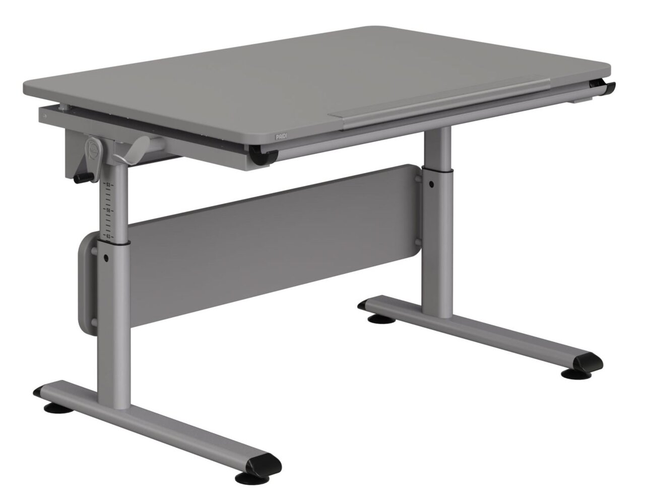 Moderner höhenverstellbarer Schreibtisch in grauer Farbe, seitliche Perspektive