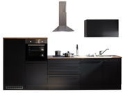 Moderne Küchenzeile in schwarzem Design mit Holzarbeitsplatte, integriertem Backofen, Dunstabzugshaube und Spüle, frontal betrachtet.