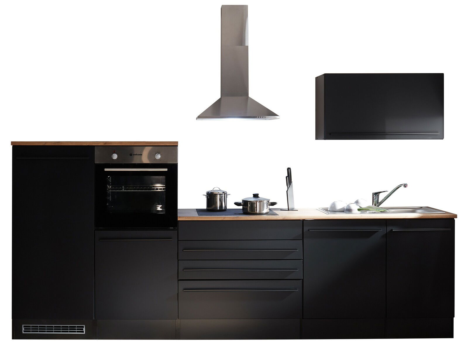Moderne Küchenzeile in schwarzem Design mit Holzarbeitsplatte, integriertem Backofen, Dunstabzugshaube und Spüle, frontal betrachtet.
