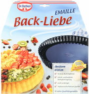 Obstkuchenform 28cm von Dr. Oetker Back-Liebe, emailliert, mit Obstkuchen und Früchten, seitliche Perspektive
