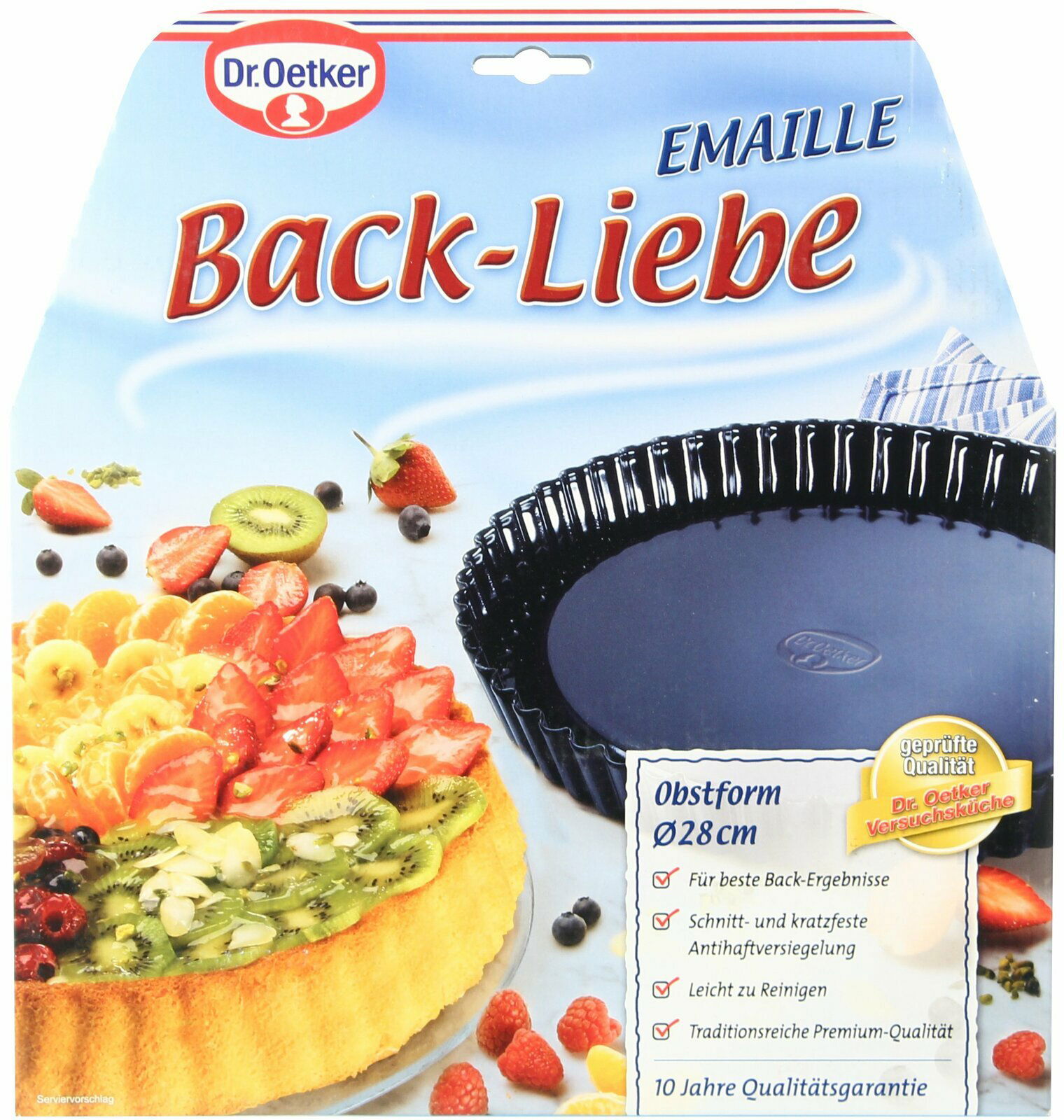 Obstkuchenform 28cm von Dr. Oetker Back-Liebe, emailliert, mit Obstkuchen und Früchten, seitliche Perspektive