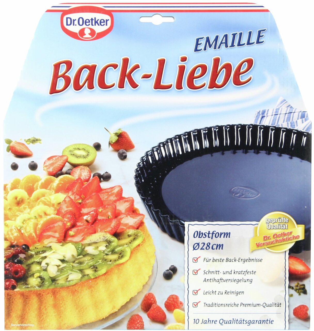 Dr. Oetker Obstkuchenform 28cm BACKLIEBE Obstkuchenform 28cm von Dr. Oetker Back-Liebe, emailliert, mit Obstkuchen und Früchten, seitliche Perspektive