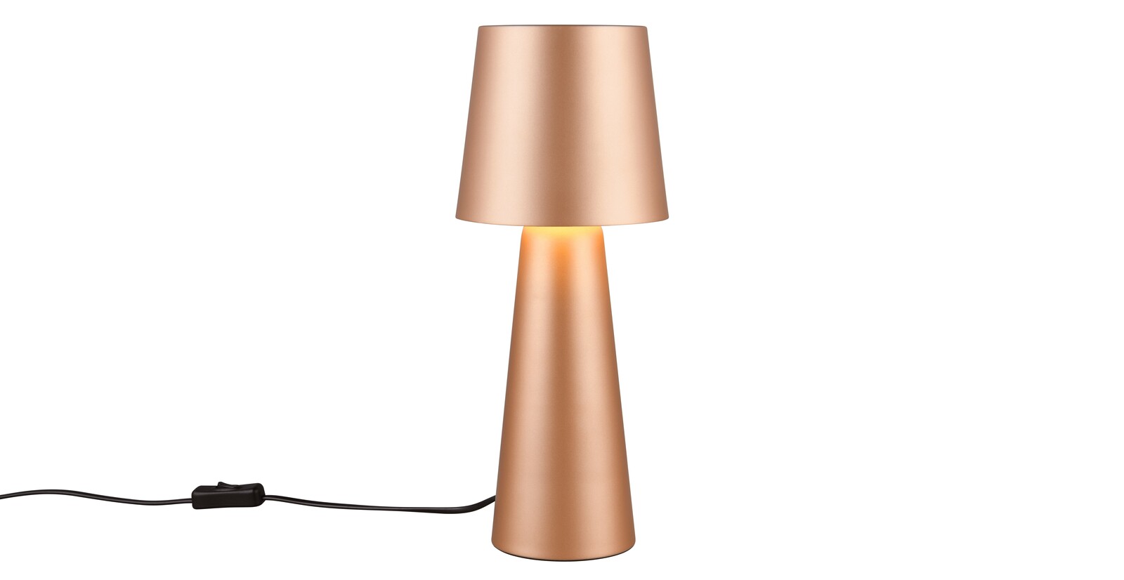Moderne Tischleuchte Nubian in Kupferoptik, frontal abgebildet mit konischem Design und integriertem Kabel.