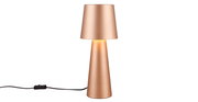Moderne Tischleuchte Nubian in Kupferoptik, frontal abgebildet mit konischem Design und integriertem Kabel.