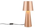 Moderne Tischleuchte Nubian in Kupferoptik, frontal abgebildet mit konischem Design und integriertem Kabel.