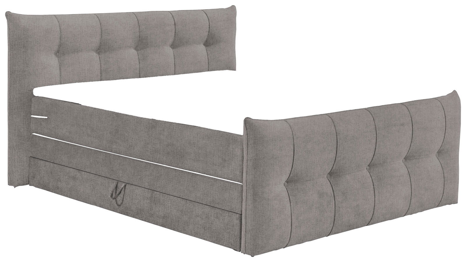 Graues Boxspringbett mit gepolstertem Kopf- und Fußteil, seitliche Perspektive