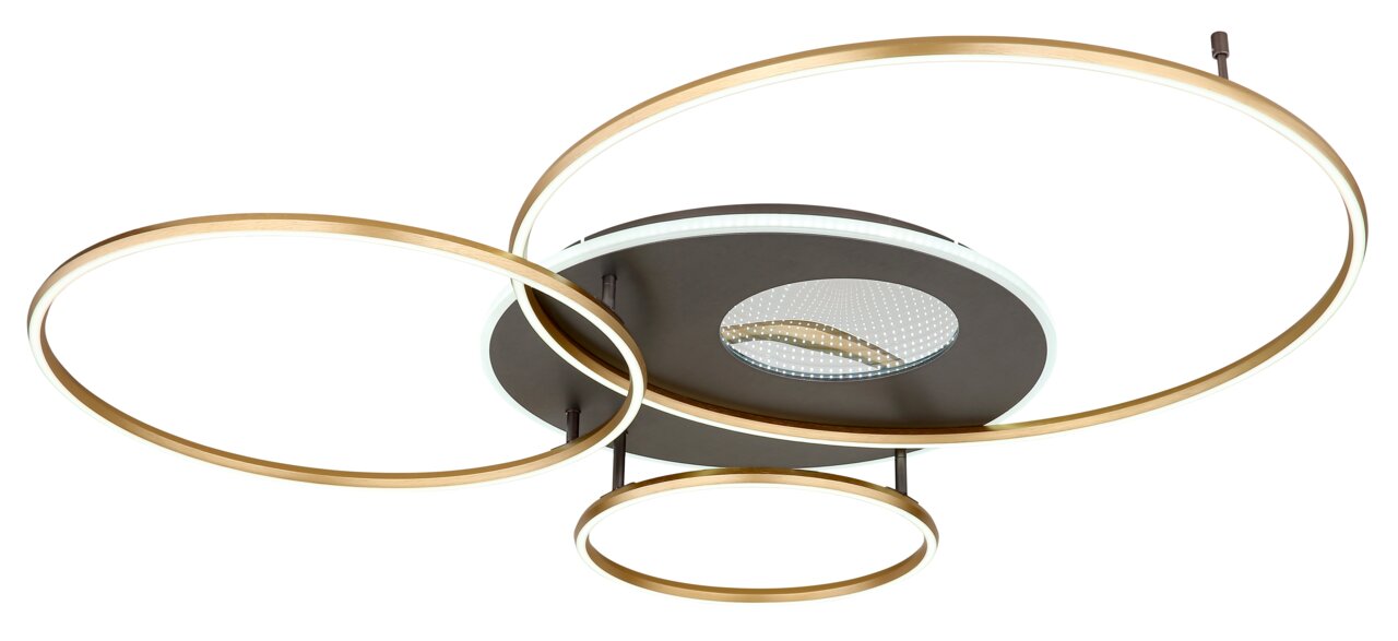 Moderne Deckenleuchte INVERTINA mit drei goldenen Ringen, seitliche Perspektive